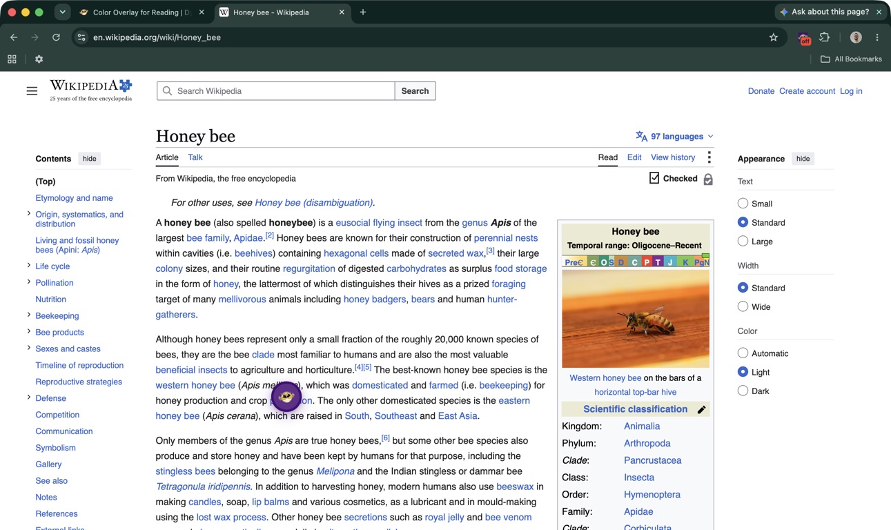 Wikipedia's Honey bee article with the Helperbird toolbar collapsed to a small button.