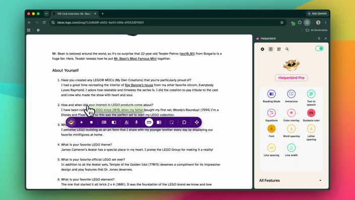 The Helperbird panel open beside an ordinary web page, showing the pinned tools — reading mode, immersive reader, text to speech, equations, color overlay, dyslexia ruler, font and spacing — above an All Features button