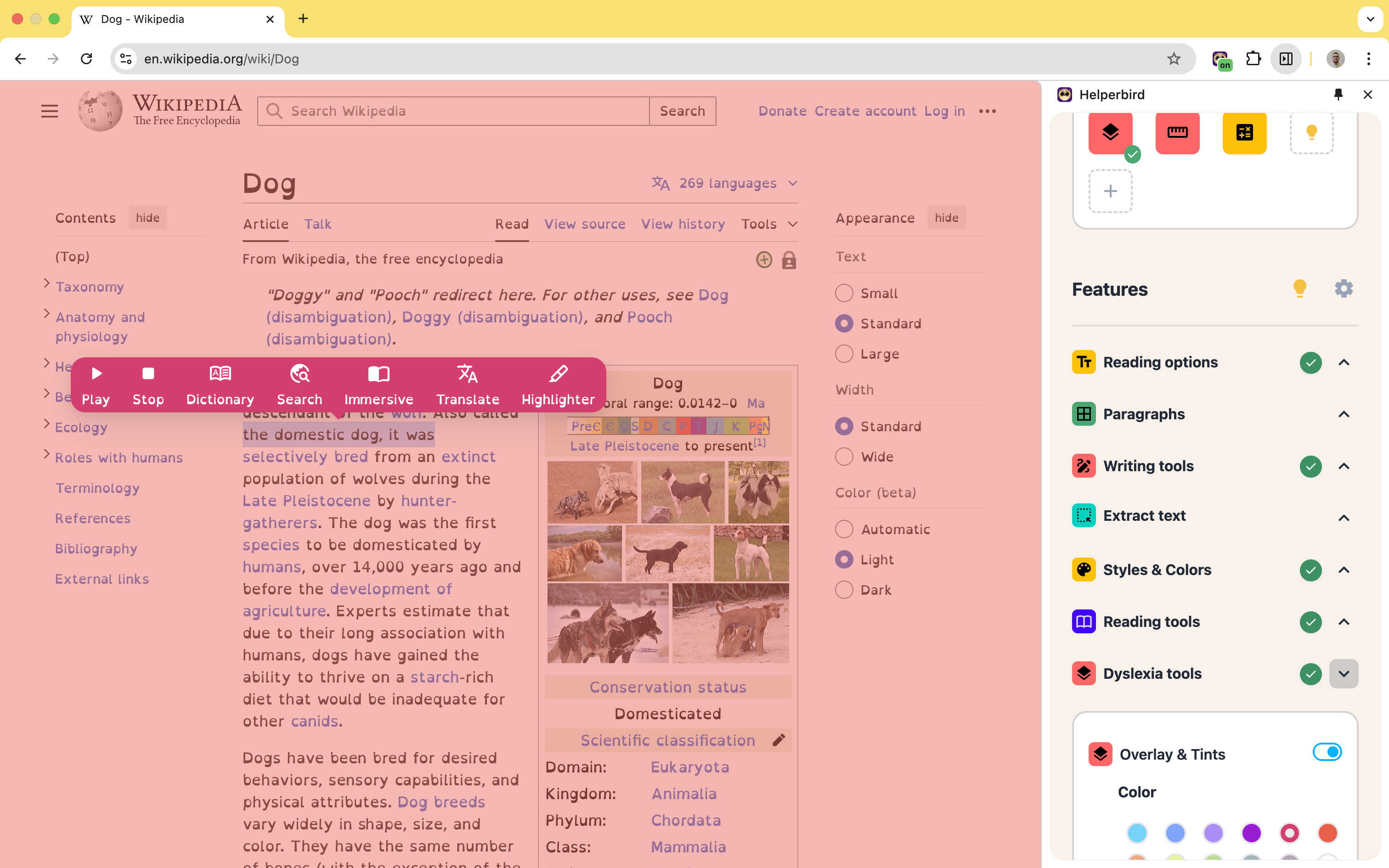 Screenshot of the Ben & Jerry's website with Helperbird features enabled showing reading ruler and overlay menu