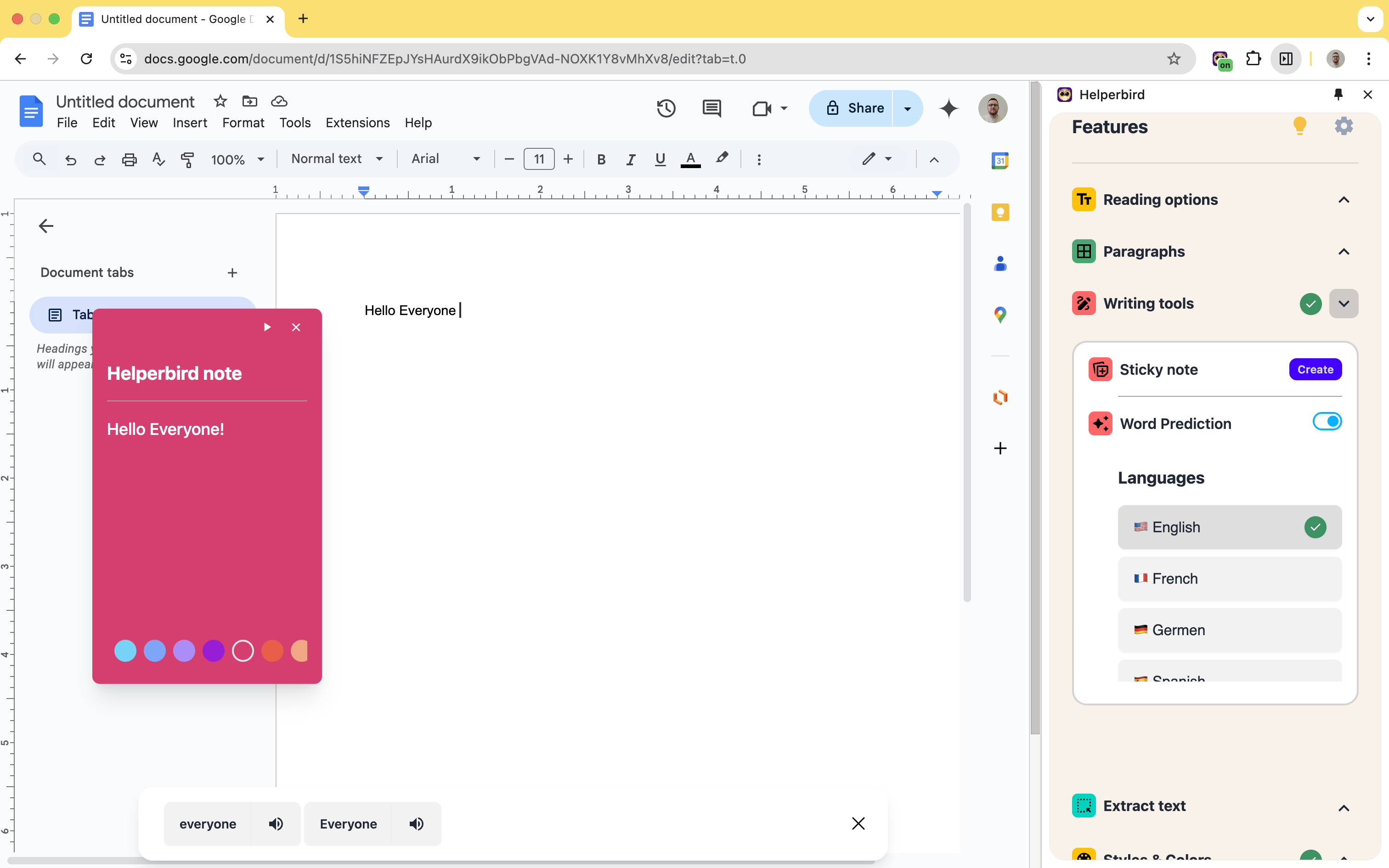 Screenshot of Google Docs with Helperbird features showing word prediction and voice typing