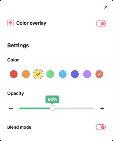 Color overlay panel with yellow selected, 50 percent opacity and blend mode enabled.