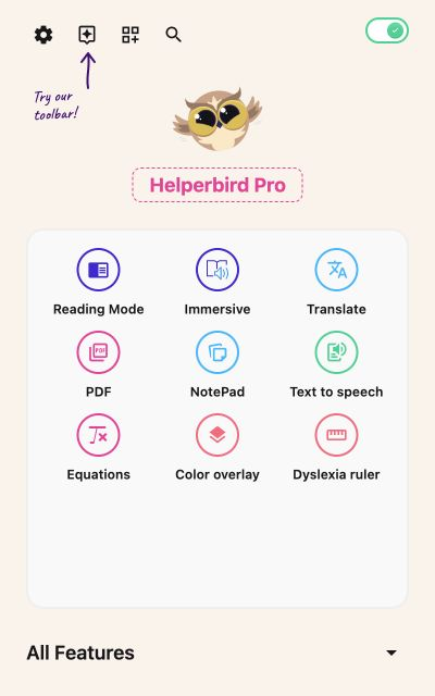 Helperbird extension with Reading Mode, Immersive Reader, Translate, PDF, NotePad, Text to speech, Equations, Color overlay, and Dyslexia ruler.