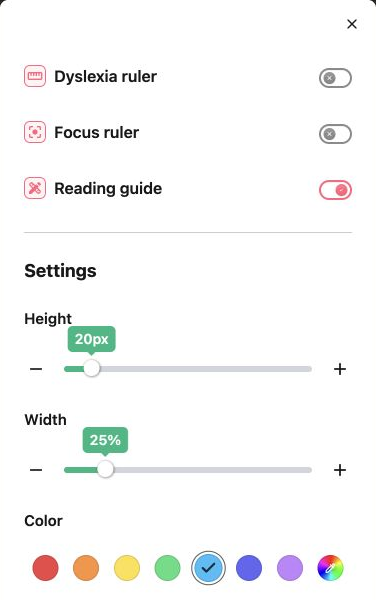 Reading guide settings with the guide enabled, height and width sliders, and blue selected from seven colors plus a custom color.