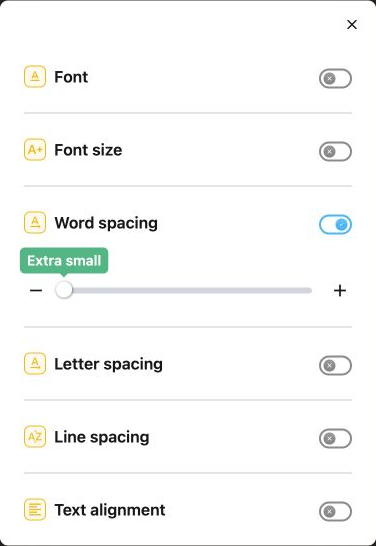 Text settings with font, font size, word spacing, letter spacing, line spacing and text alignment. Word spacing is switched on.