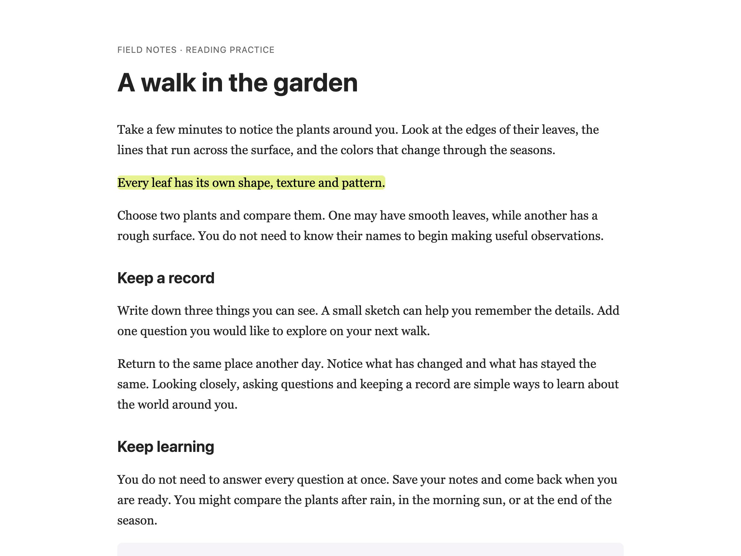 A saved yellow highlight on a garden article