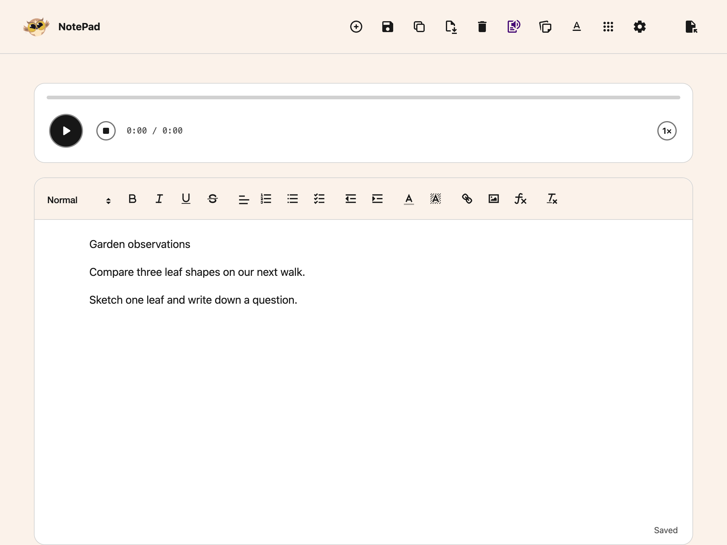 NotePad with its compact Text to Speech player above a sample document