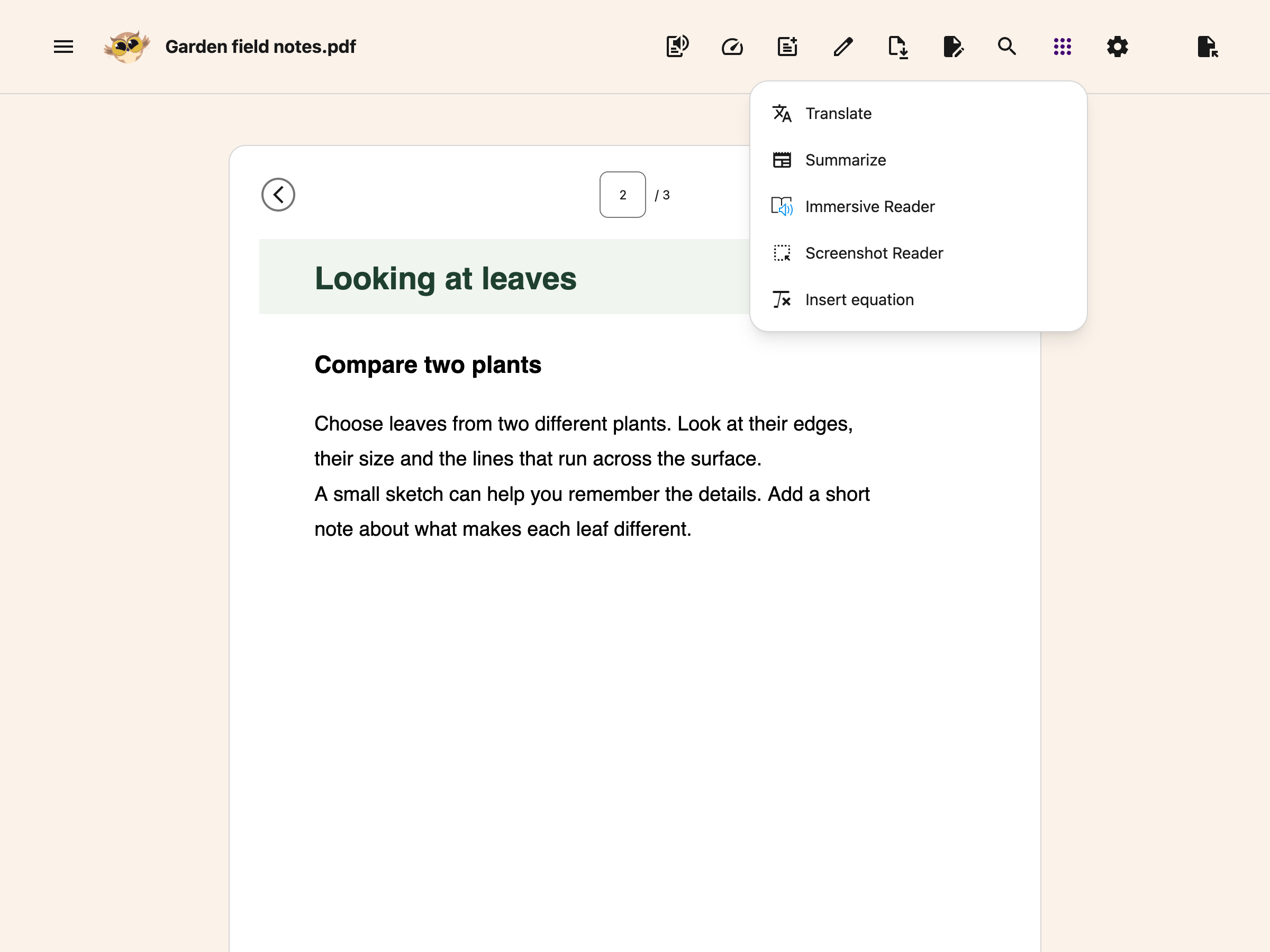 The Tools menu in the PDF Reader