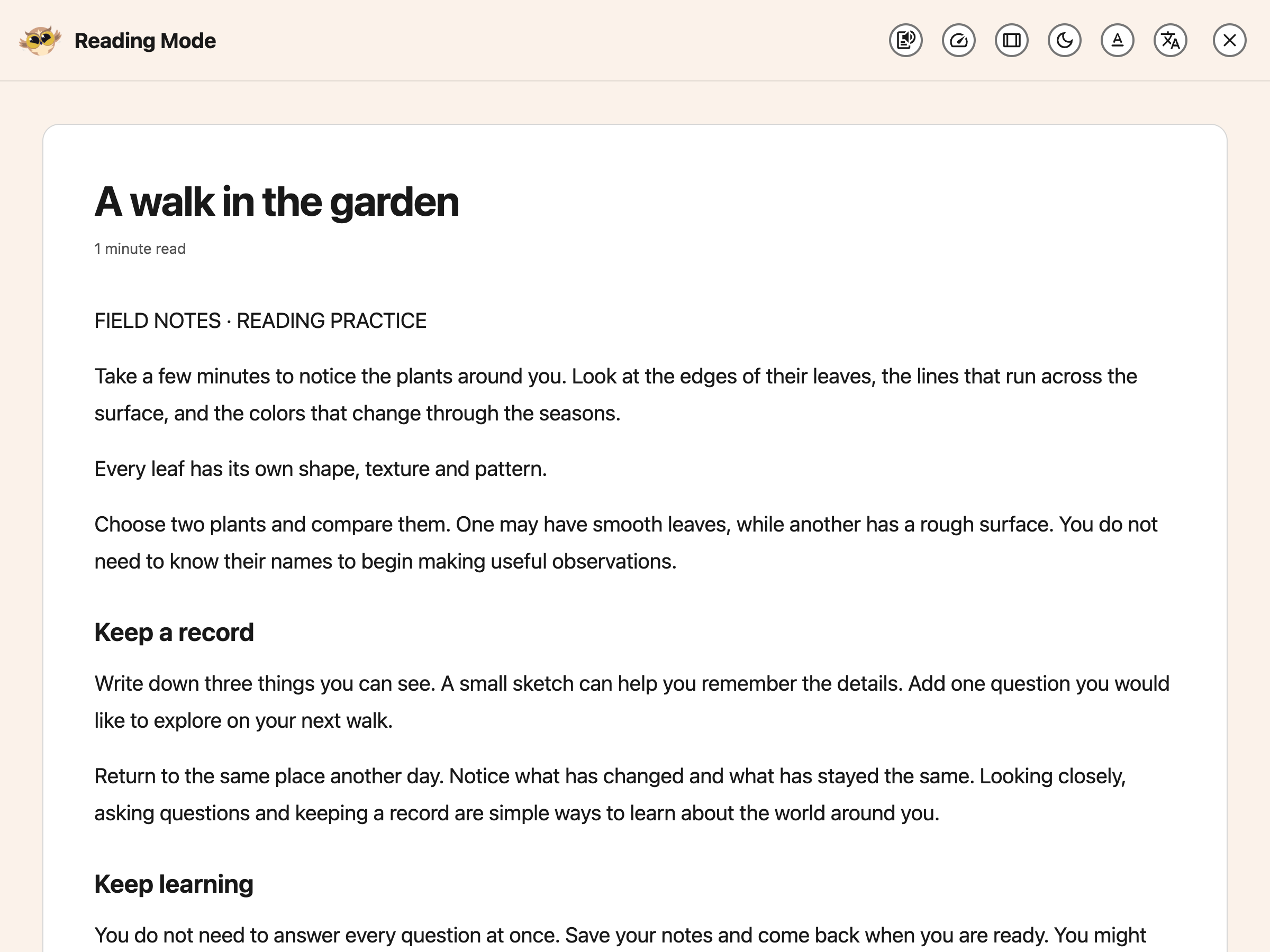 A garden article in Reading Mode with reading controls in the header