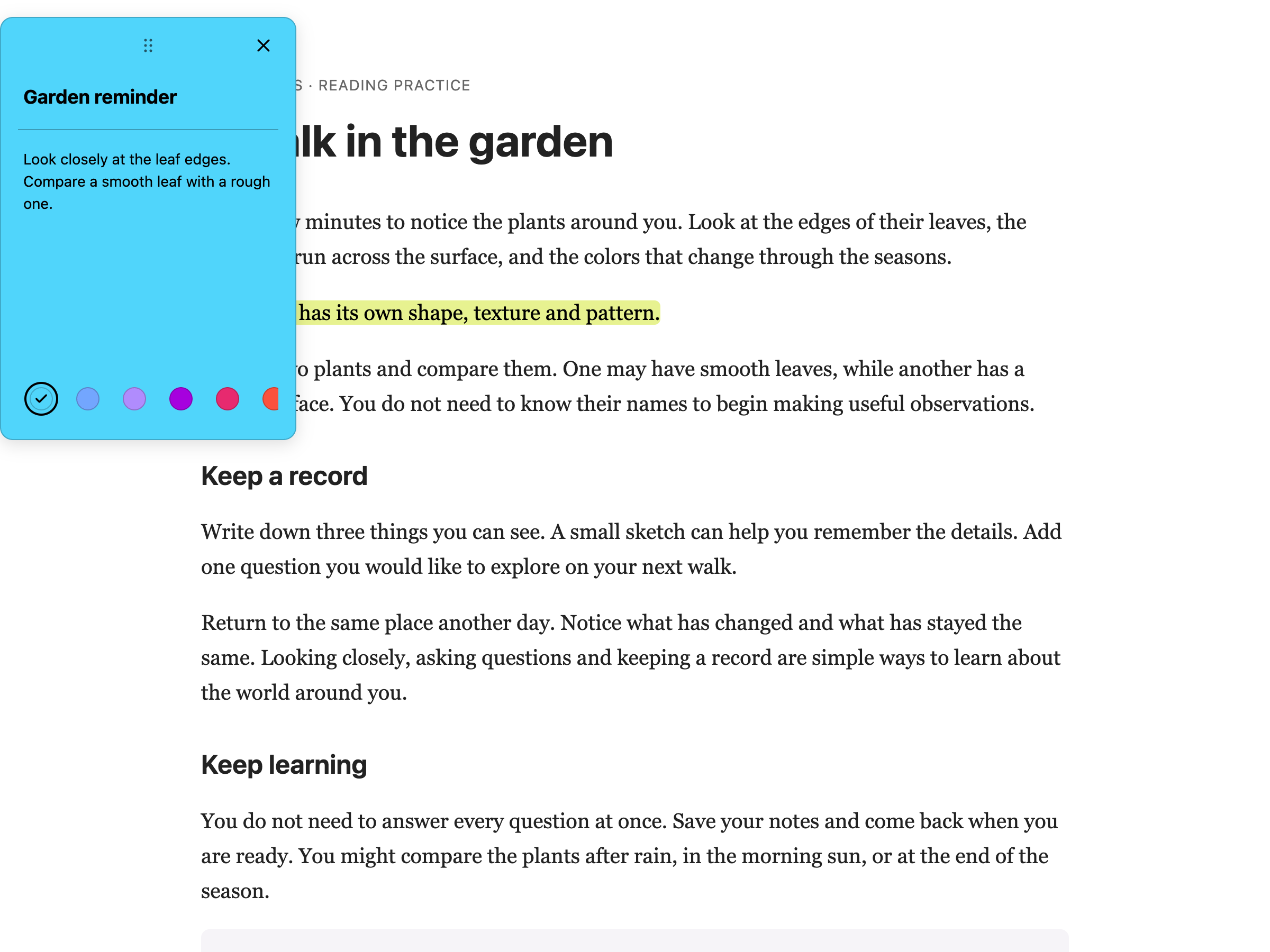 A blue Garden reminder sticky note on a web article