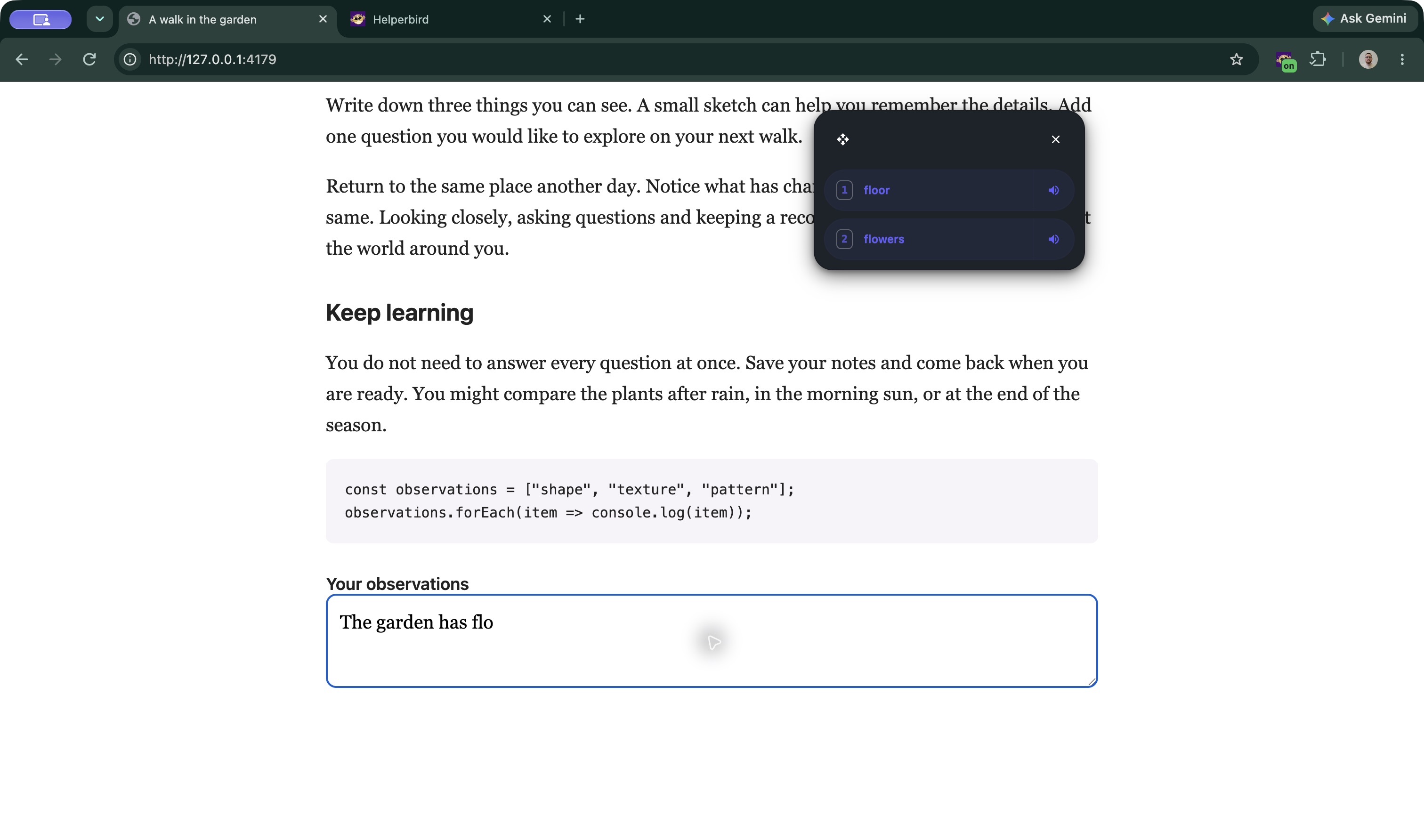 Two word predictions stacked beside a writing field on a webpage