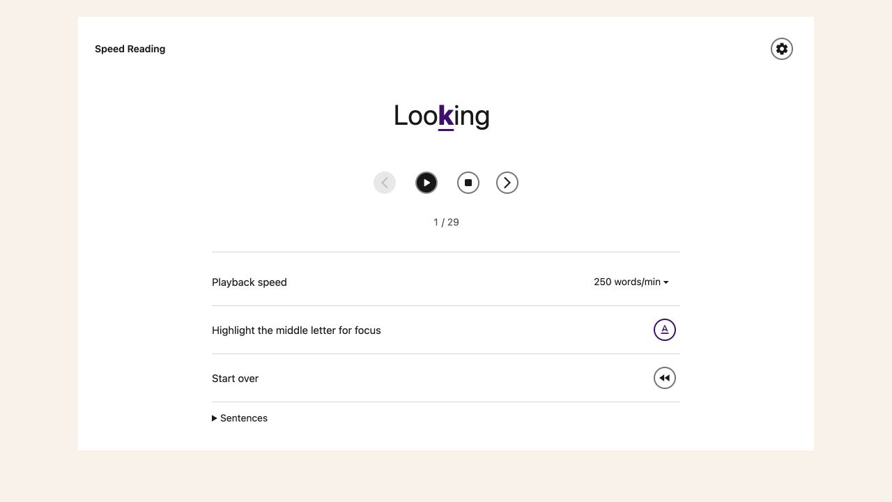 Reading Mode Speed Reading options with playback speed, a middle-letter highlight and Start over