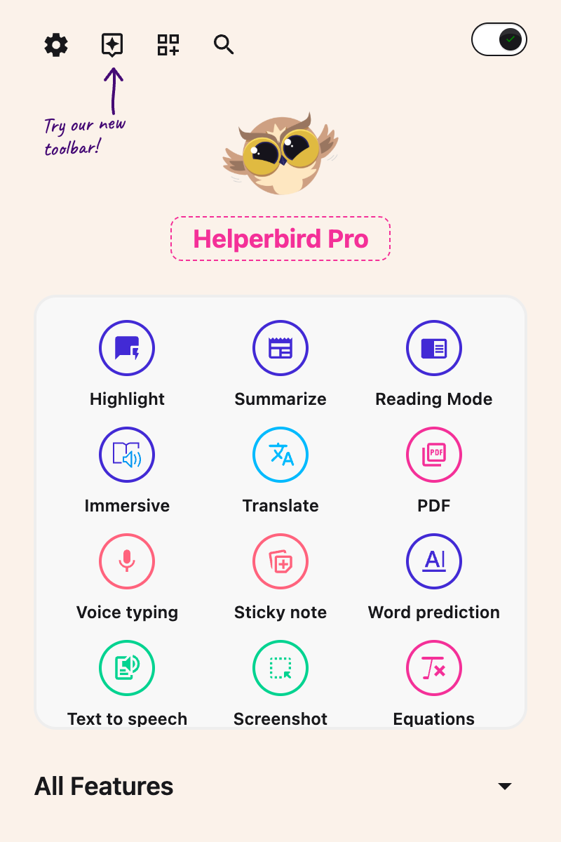 Helperbird menu: the on switch is in the top right and All Features is at the bottom.