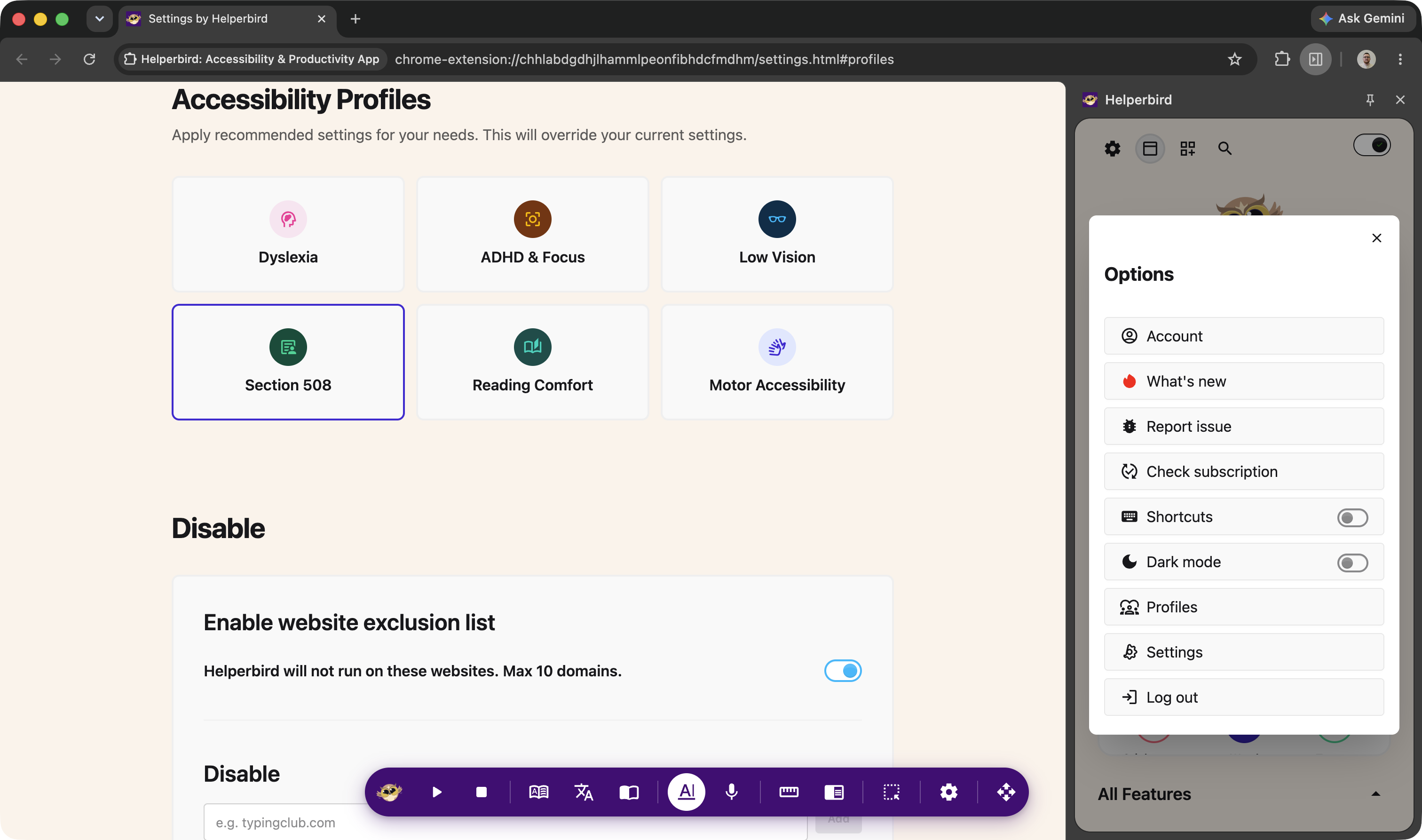 The Accessibility Profiles panel showing Dyslexia, ADHD & Focus, Low Vision, Section 508, Reading Comfort, and Motor Accessibility options