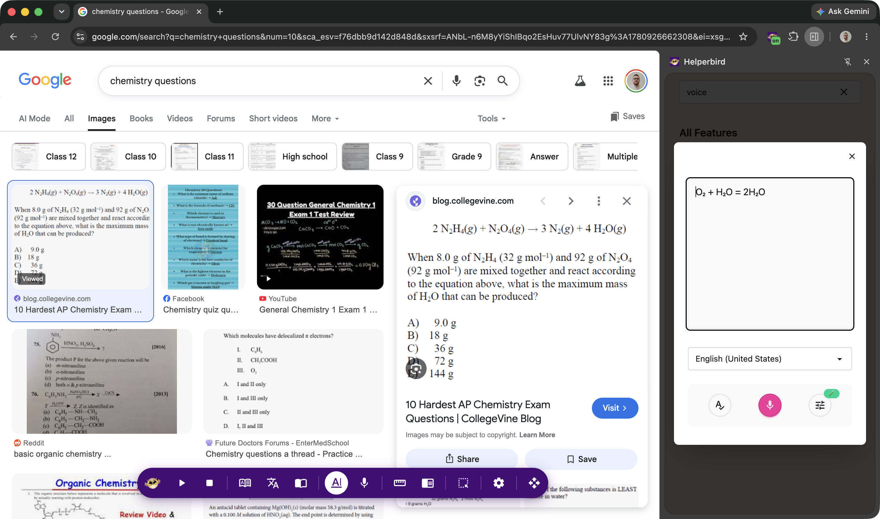 Voice typing with Chemistry mode active showing the chemistry badge and a balanced equation 2H₂ + O₂ → 2H₂O