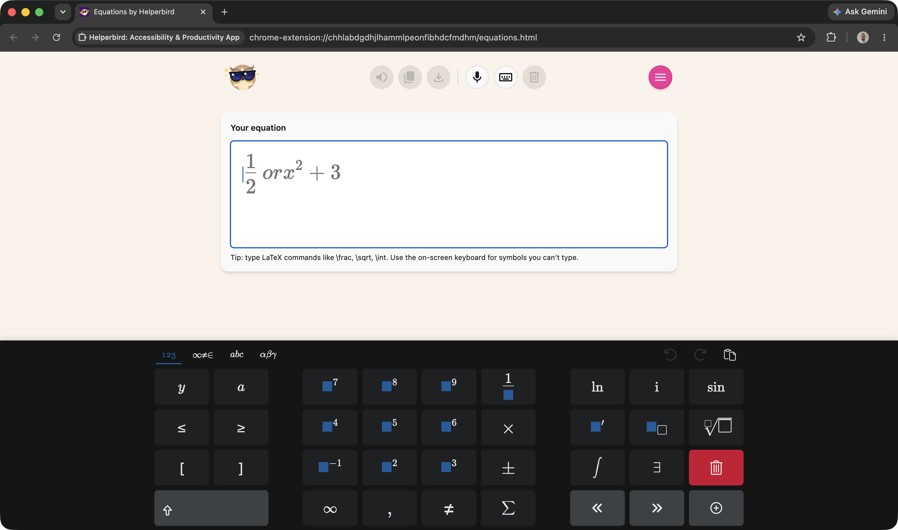 The full-page Equation Editor app with a rendered equation, on-screen math keyboard, and the mic button
