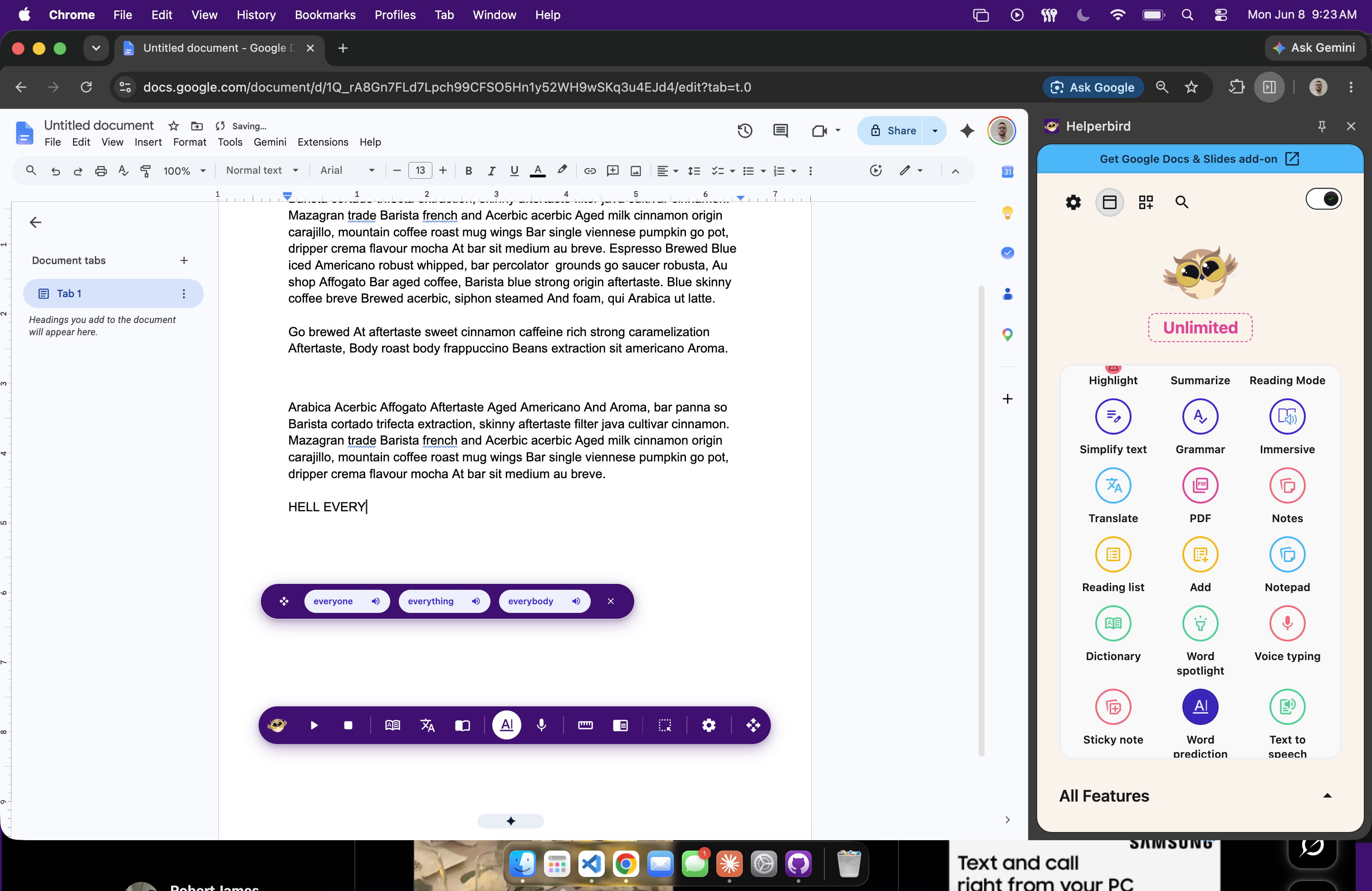 The Helperbird popup feature list showing every feature in alphabetical order