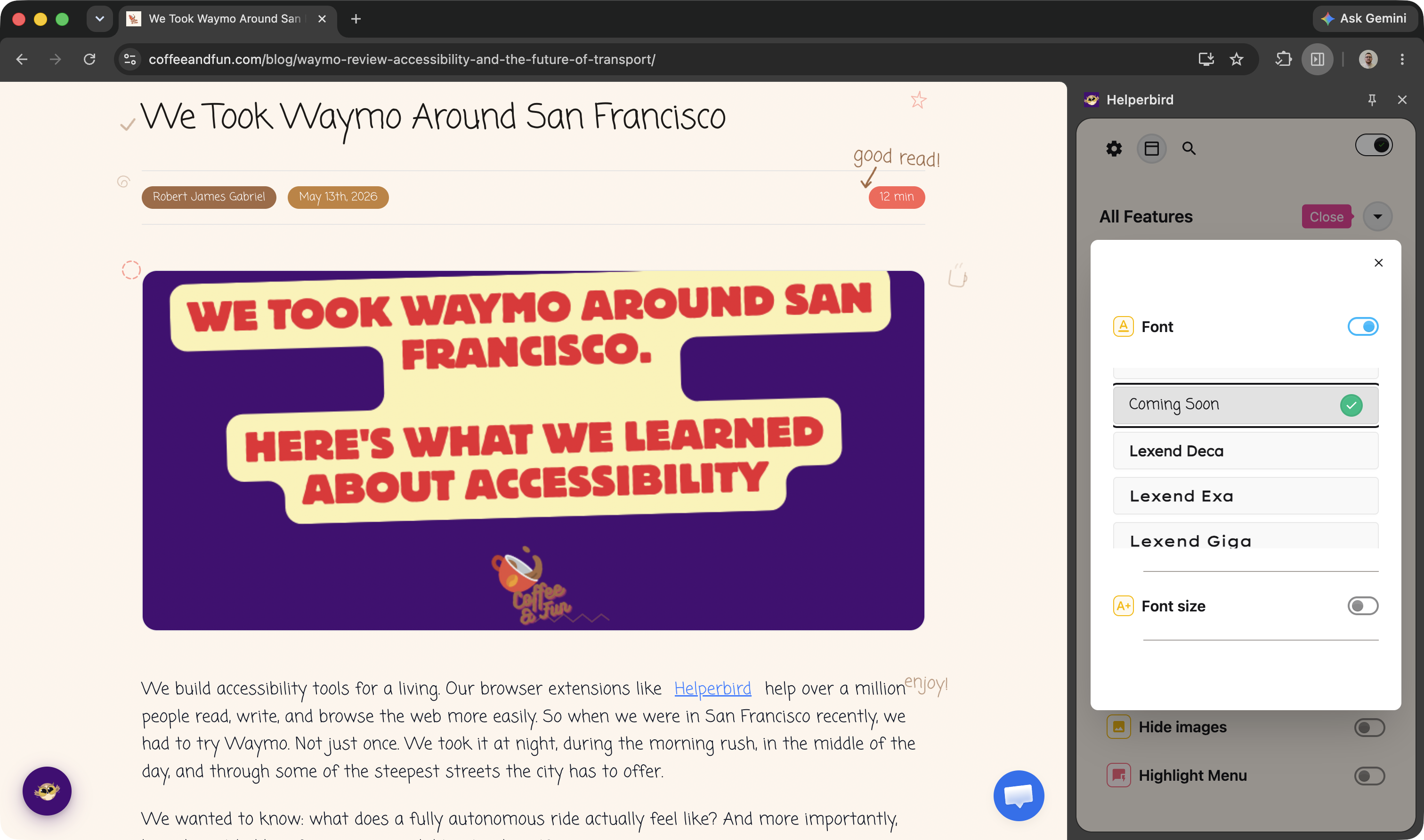 A news article with OpenDyslexic font applied, looking clean with icons intact