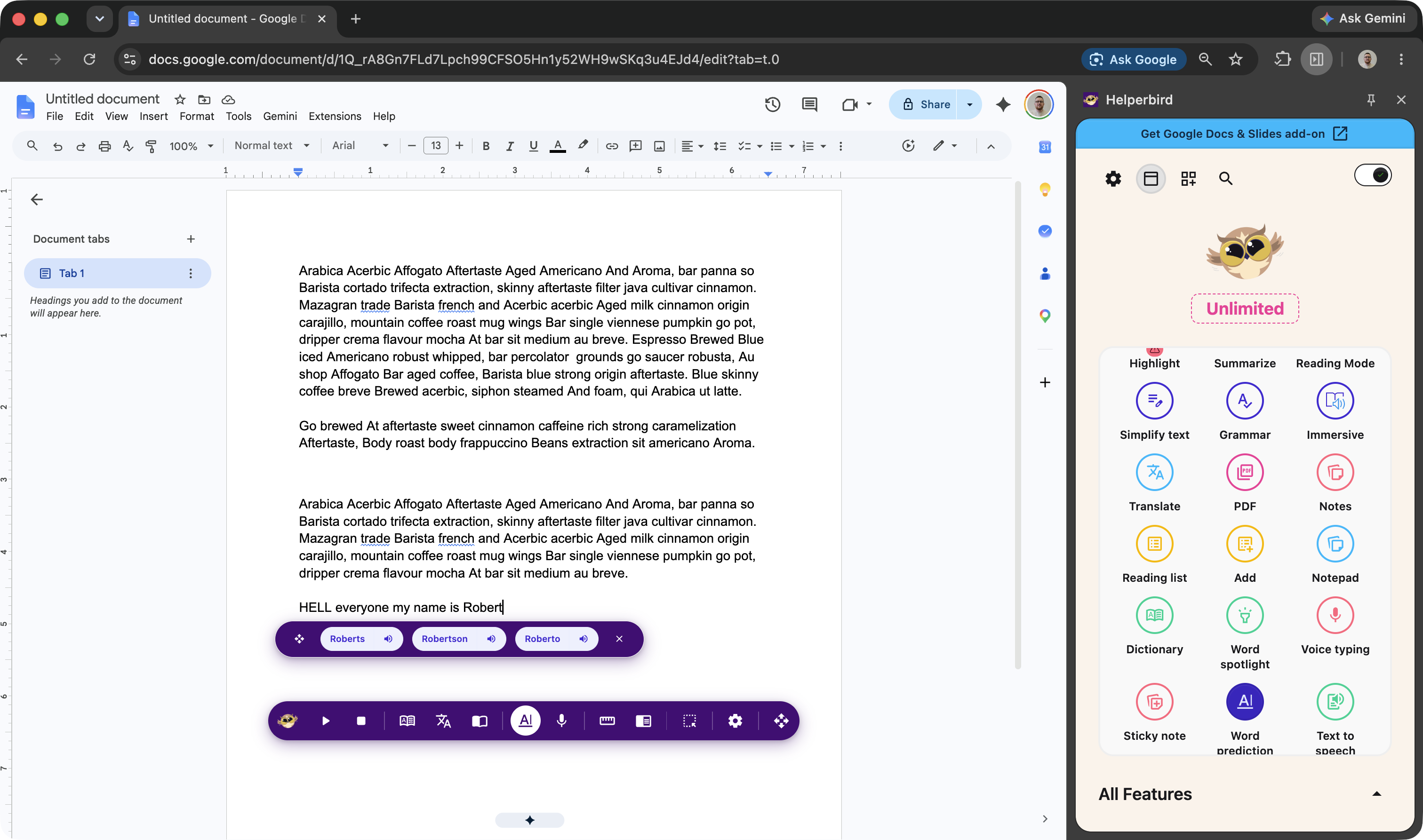 The Helperbird popup open on a web page, showing the refreshed UI with the alphabetically sorted feature list and quick actions
