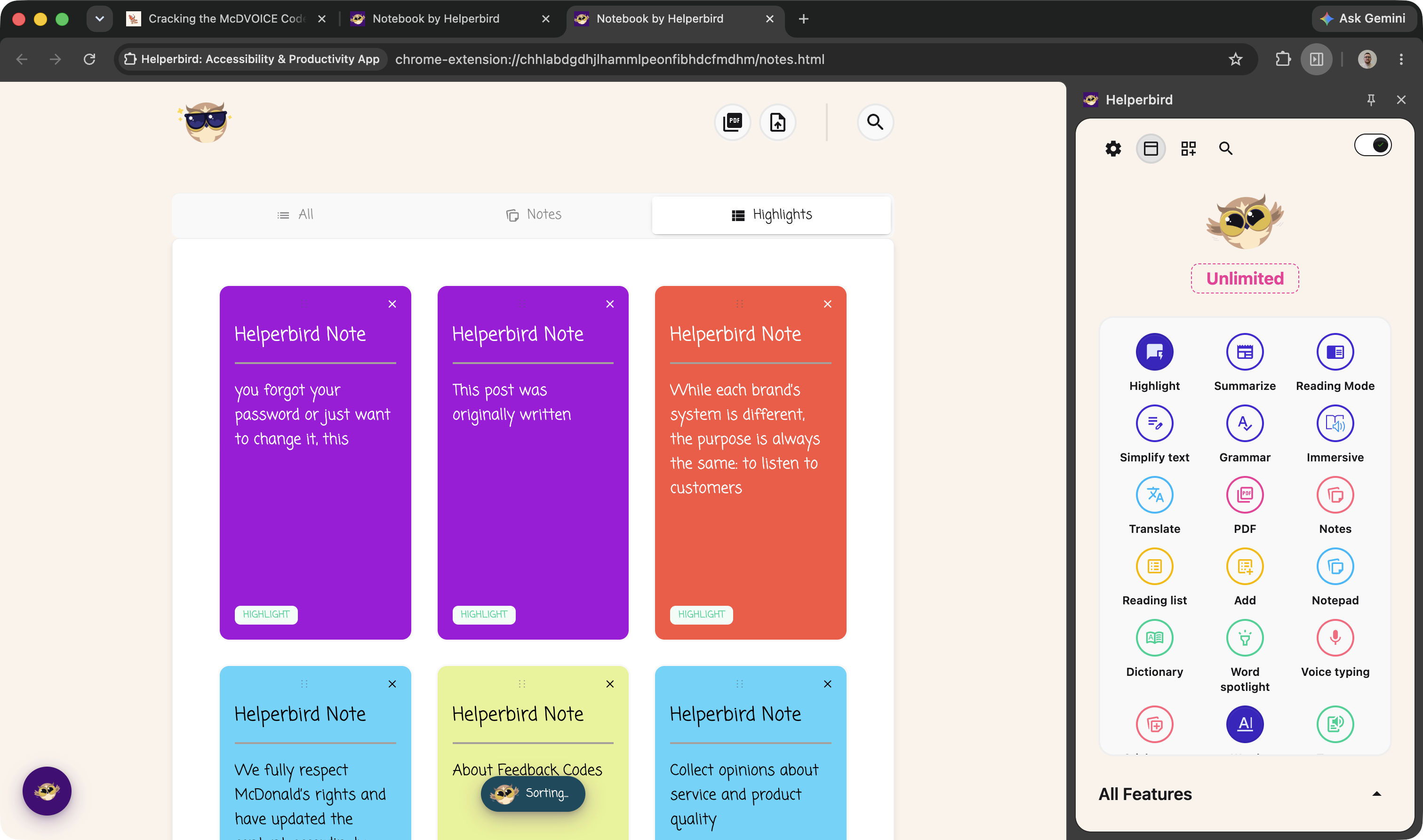 A heavily highlighted page with multiple highlight colors and the Notes page showing many saved highlights
