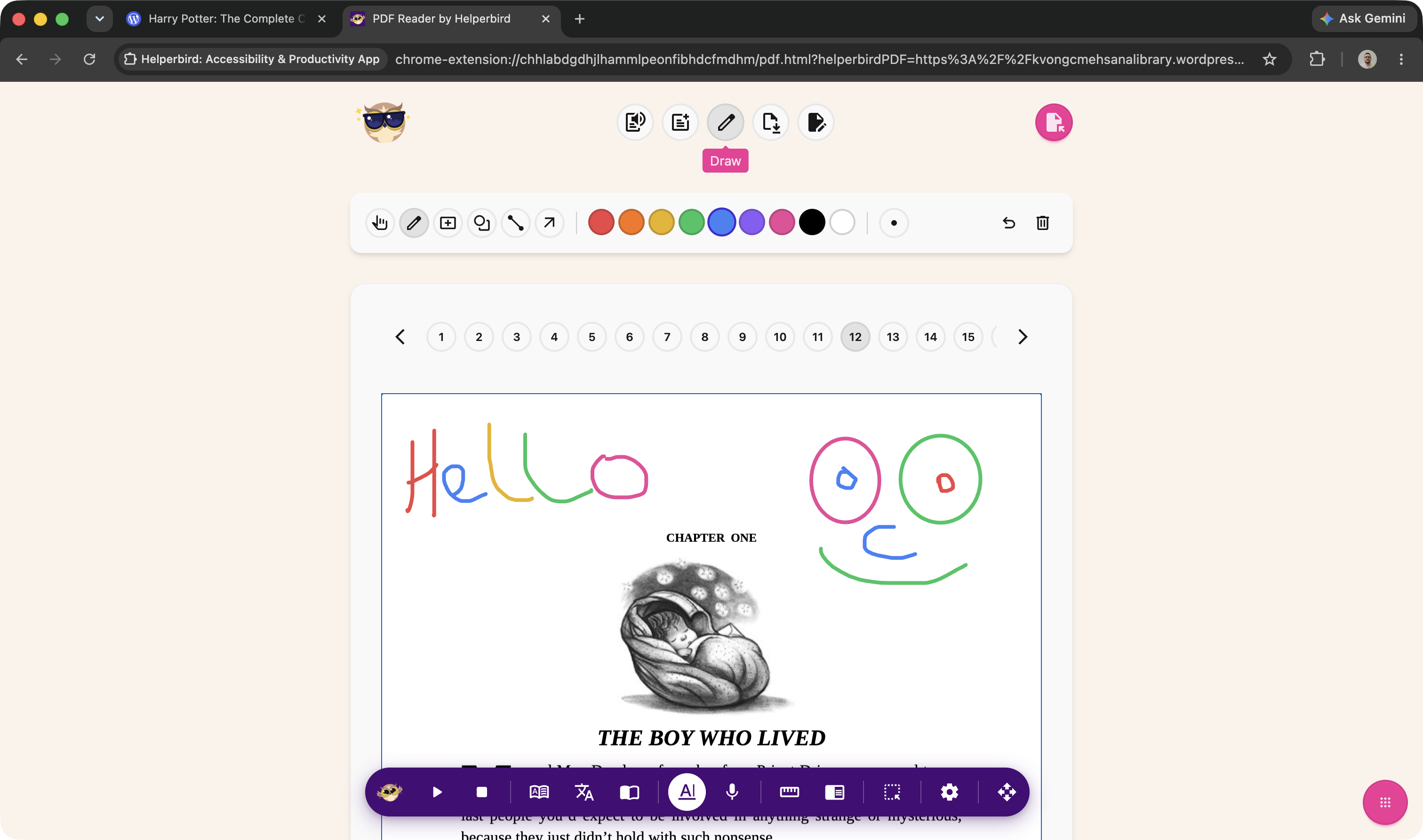 A PDF with freehand drawings, shapes and arrows, and a typed text box, showing the drawing toolbar