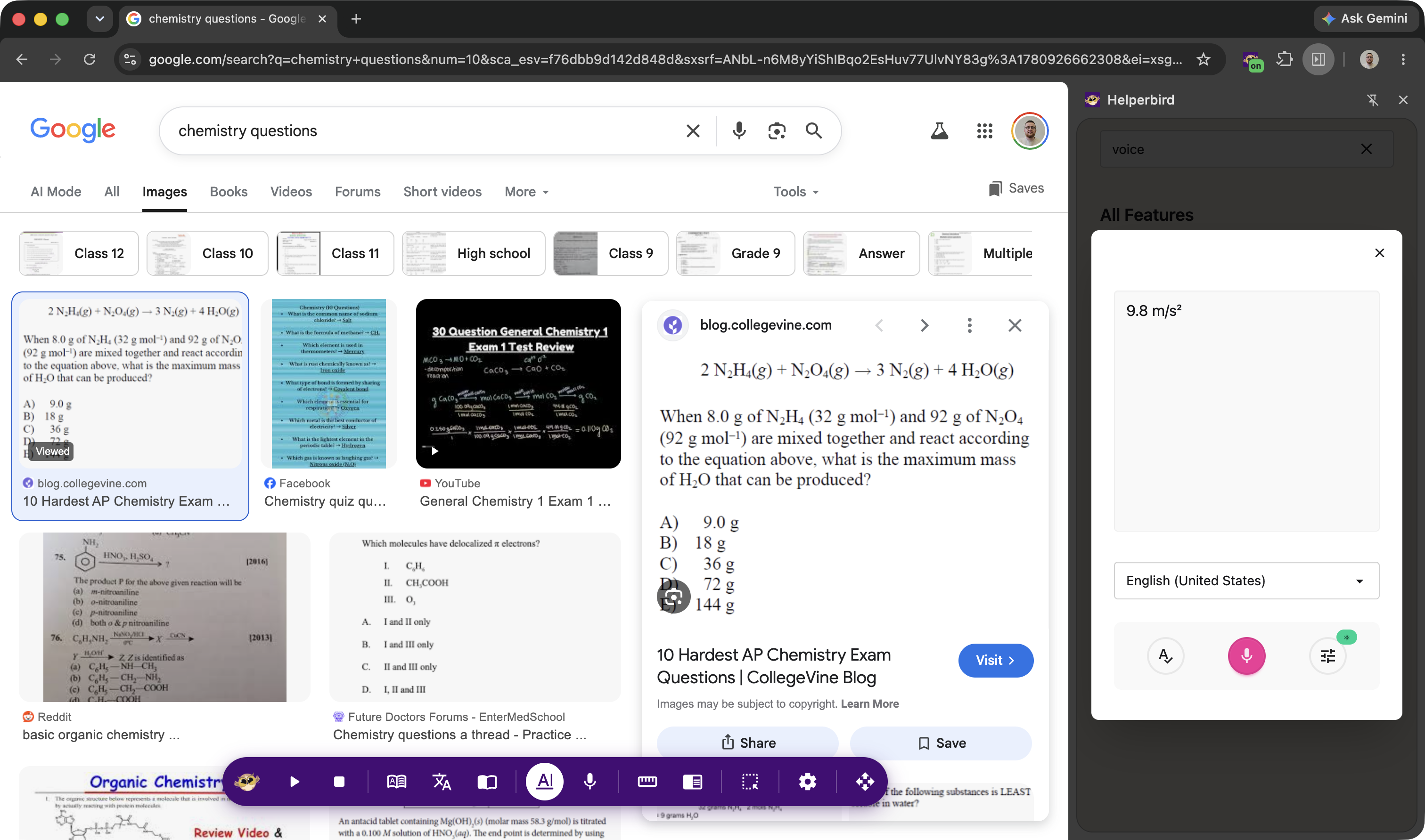 Voice typing with Physics mode active showing a vector and a unit like 9.8 m/s²