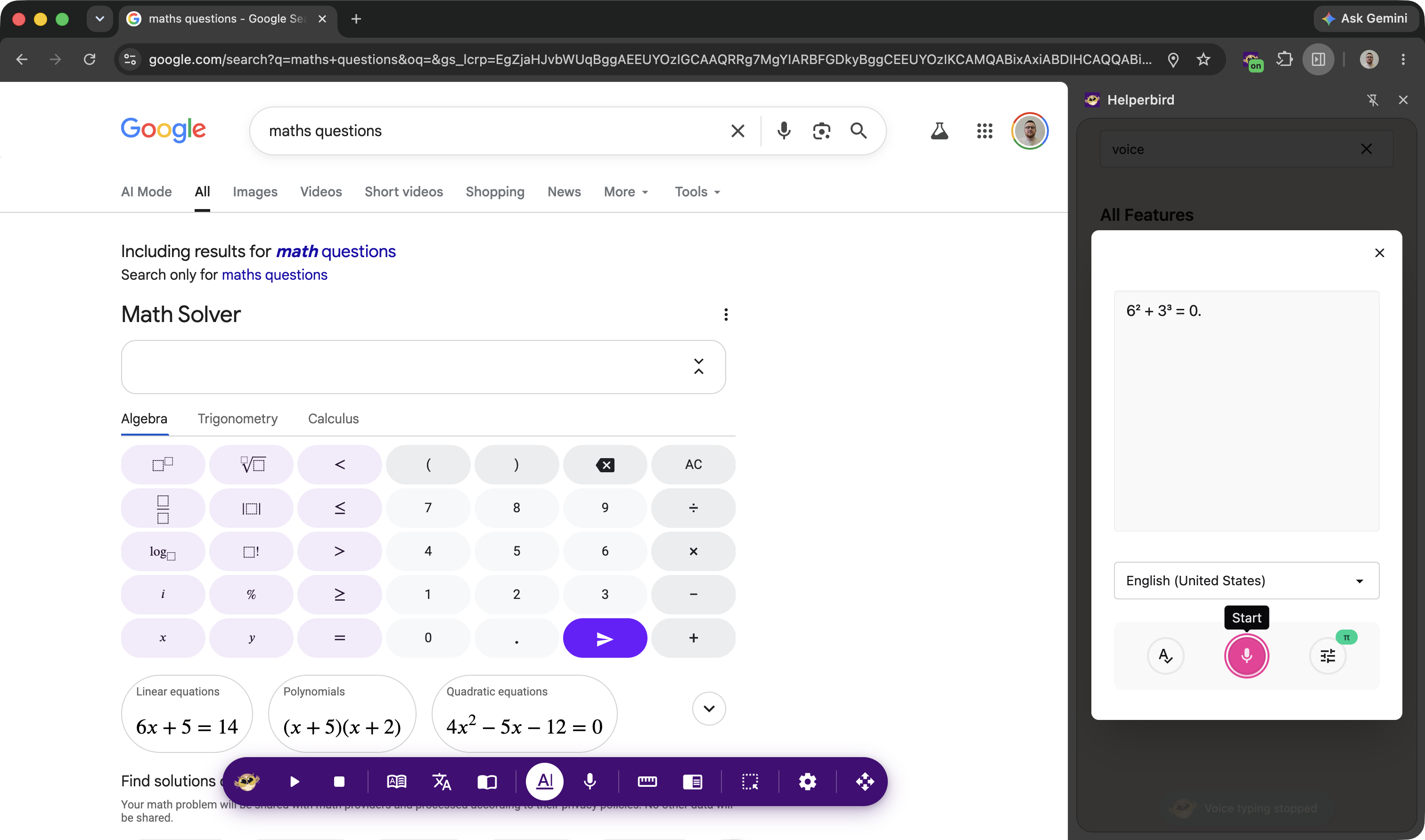 Voice typing active with math symbols appearing, showing x² + 3y = 0 being dictated