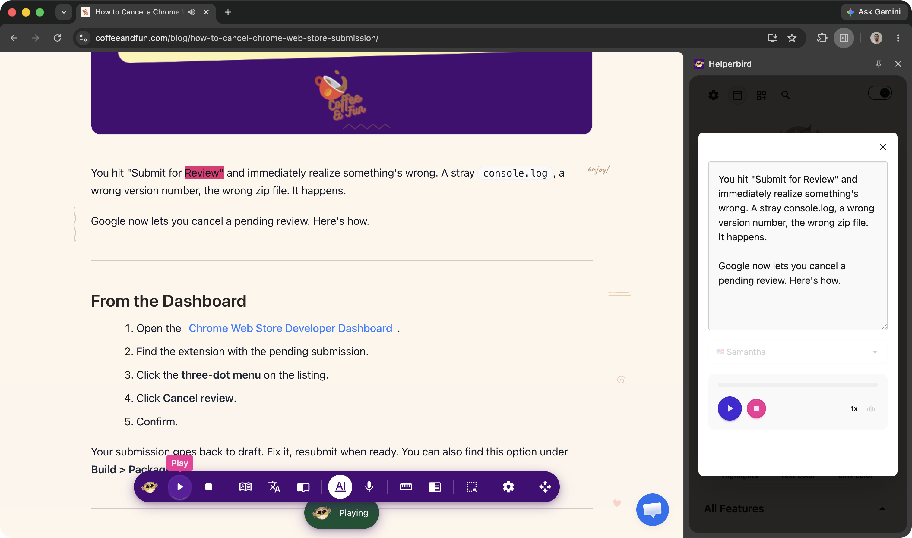 The text-to-speech player bar with play, pause, stop, and speed controls, progress bar visible, and word highlighting active on the page behind it