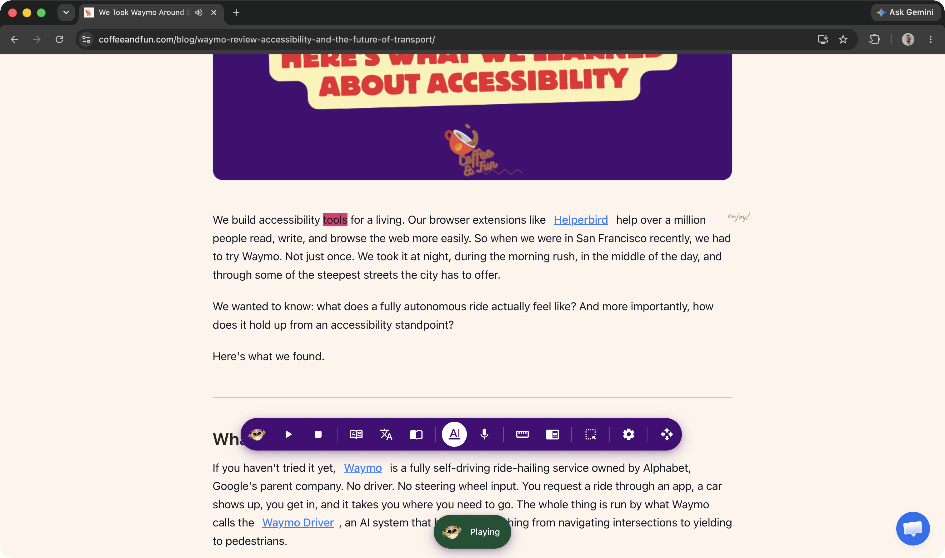 A web page with text being read aloud, with the current word highlighted in color, karaoke style